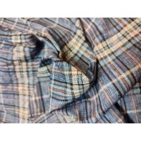 Kreszowana tkanina bawełniana KRATA niebieski beżowy złota nitka