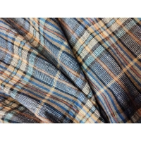 Kreszowana tkanina bawełniana KRATA niebieski beżowy złota nitka