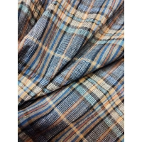 Kreszowana tkanina bawełniana KRATA niebieski beżowy złota nitka