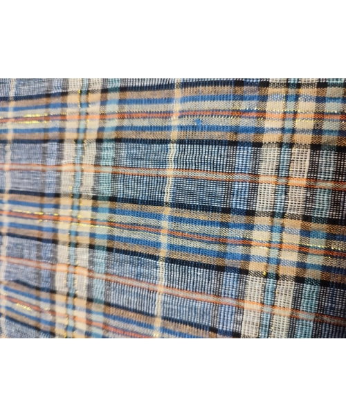 Kreszowana tkanina bawełniana KRATA niebieski beżowy złota nitka