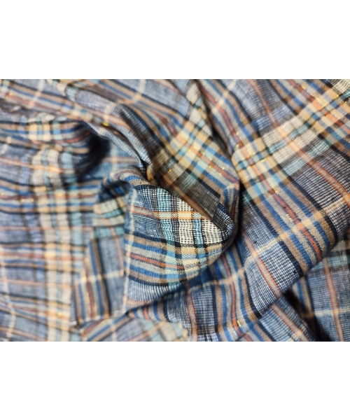 Kreszowana tkanina bawełniana KRATA niebieski beżowy złota nitka