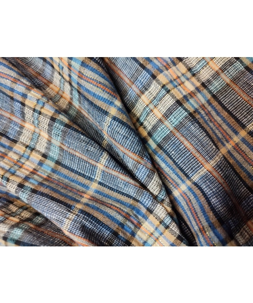 Kreszowana tkanina bawełniana KRATA niebieski beżowy złota nitka