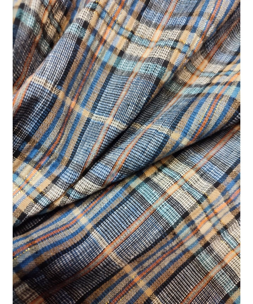 Kreszowana tkanina bawełniana KRATA niebieski beżowy złota nitka