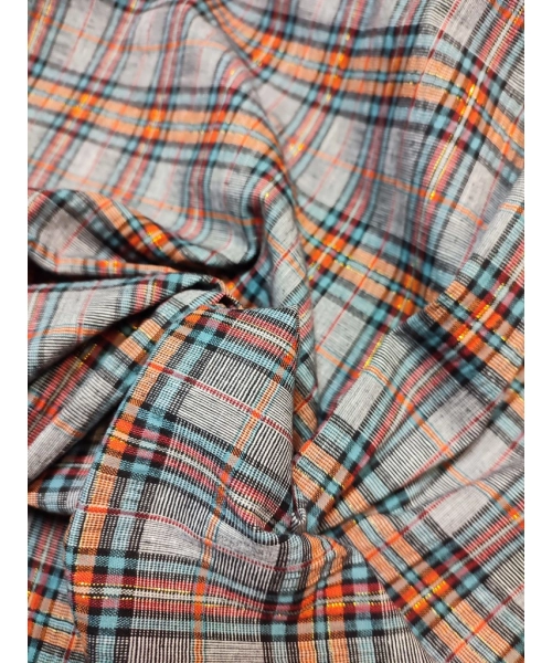 Kreszowana tkanina KRATA kratka szary pomarańcz złota nitka