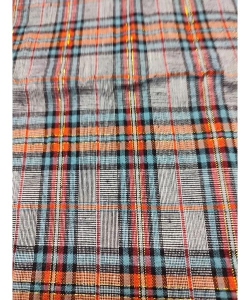 Kreszowana tkanina KRATA kratka szary pomarańcz złota nitka