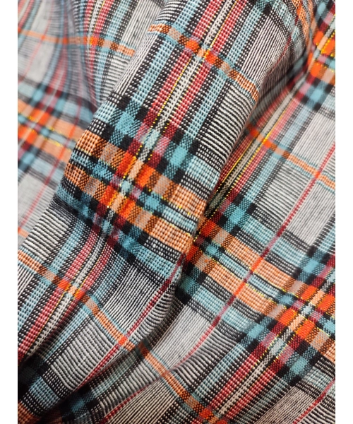 Kreszowana tkanina KRATA kratka szary pomarańcz złota nitka