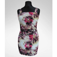 Sukienka plażowa - amarantowe i beżowe kwiaty