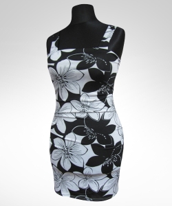 Sukienka plażowa na szelkach - czarne i białe kwiaty