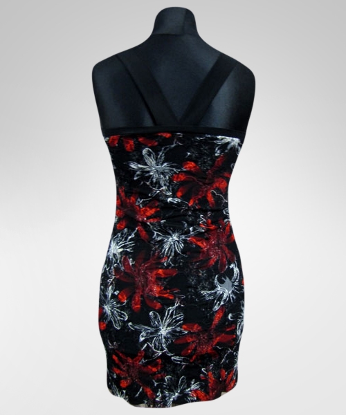 Sukienka koronkowa - kwiaty czerwone i ecru na czarnym tle