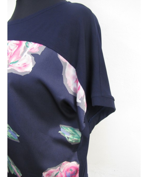 Bluzka kimono - granatowa z różowym kwiatem