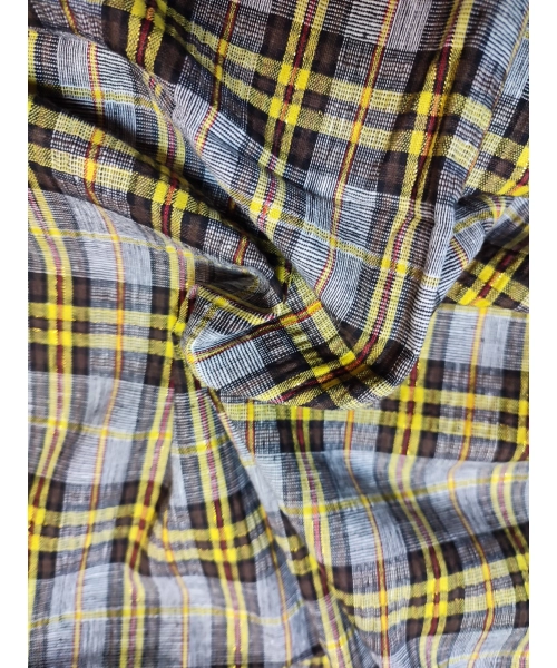 Kreszowana tkanina KRATA kratka szary musztarda złota nitka