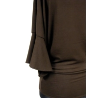 Bluzeczka rękaw kimono ze zwiewną falbanką - czekoladowa