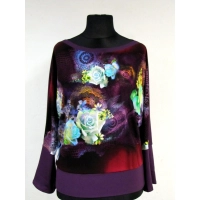 Bluzeczka fioletowa z kremowymi różami - rękaw dzwonek