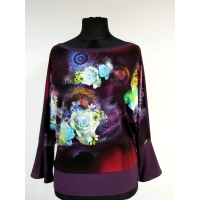 Bluzeczka fioletowa z kremowymi różami - rękaw dzwonek