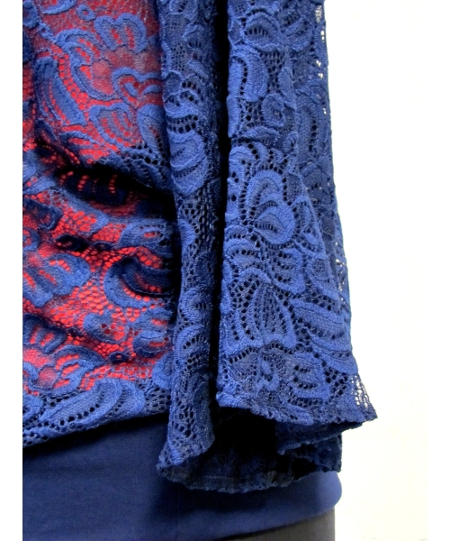 Koronkowa bluzka kimono z falbanką na rękawach - granatowa